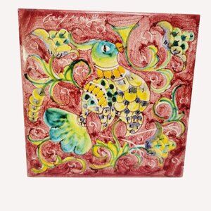 Decorative Hand-Painted Italian Ceramic Tile With Colorful Bird & Floral Motif